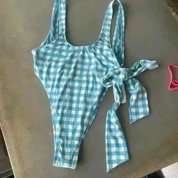 Windsor Blue White Gingham Tie Waist Open Back Pull On One Piece Swimsuit Size S - Picture 8 of 9
